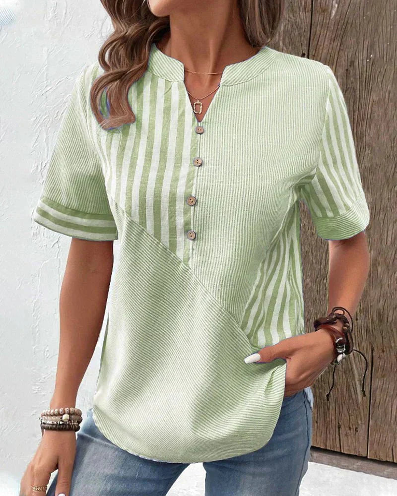 Monroe | Striped Colorblock Short Sleeve Stand Collar Casual Top