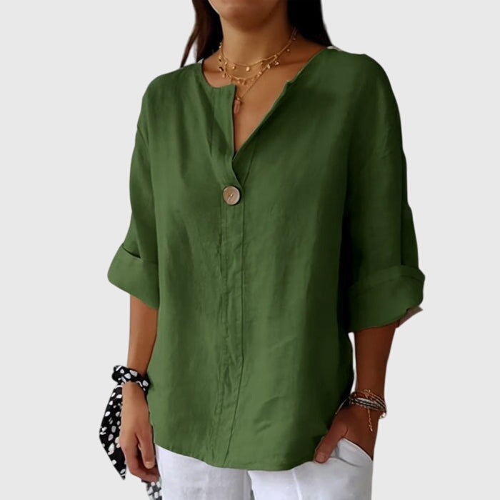 Valentina | V Neck Single Button 3/4 Sleeve Relaxed Casual Blouse