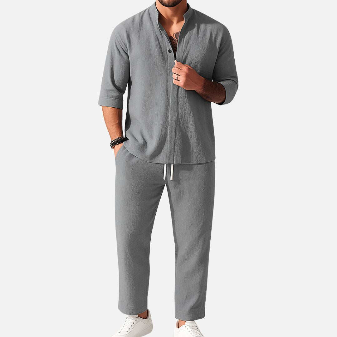 Marco | Band Collar Long Sleeve Shirt Linen Blend Two Piece Set