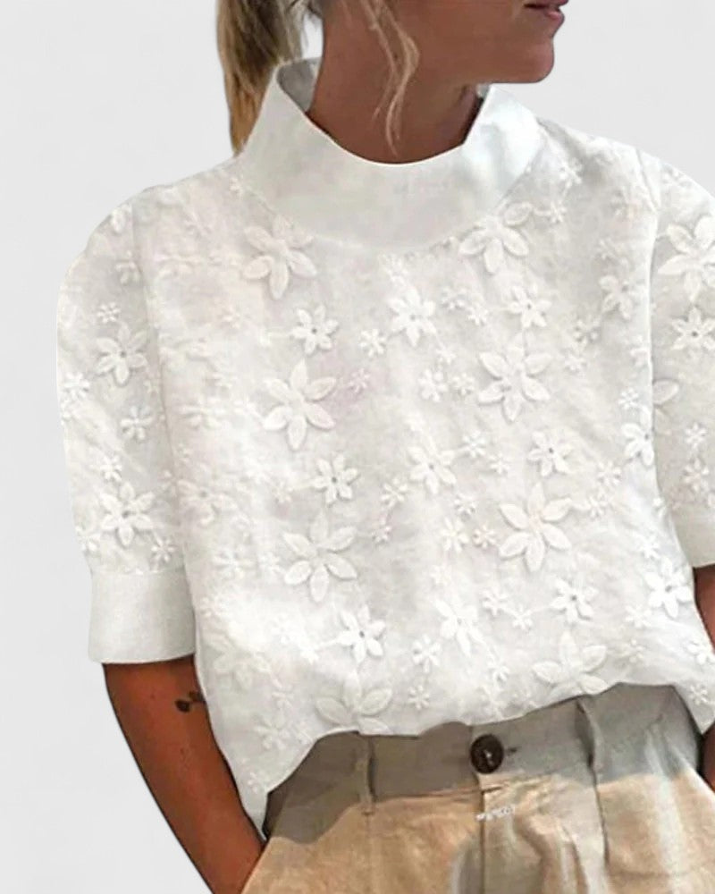 Sonelita | Floral Embroidered Stand Collar Short Sleeve Elegant Blouse