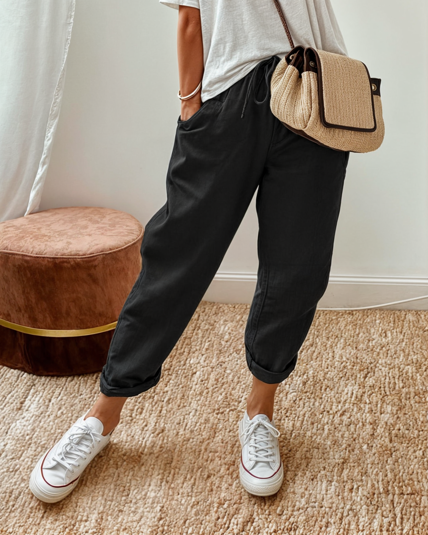 Lina | Elastic Drawstring Waist Relaxed Tapered Linen Blend Casual Pants