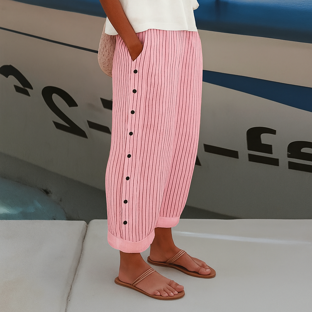 Amelia | Striped Button Detail Elastic Waist Relaxed Casual Pants