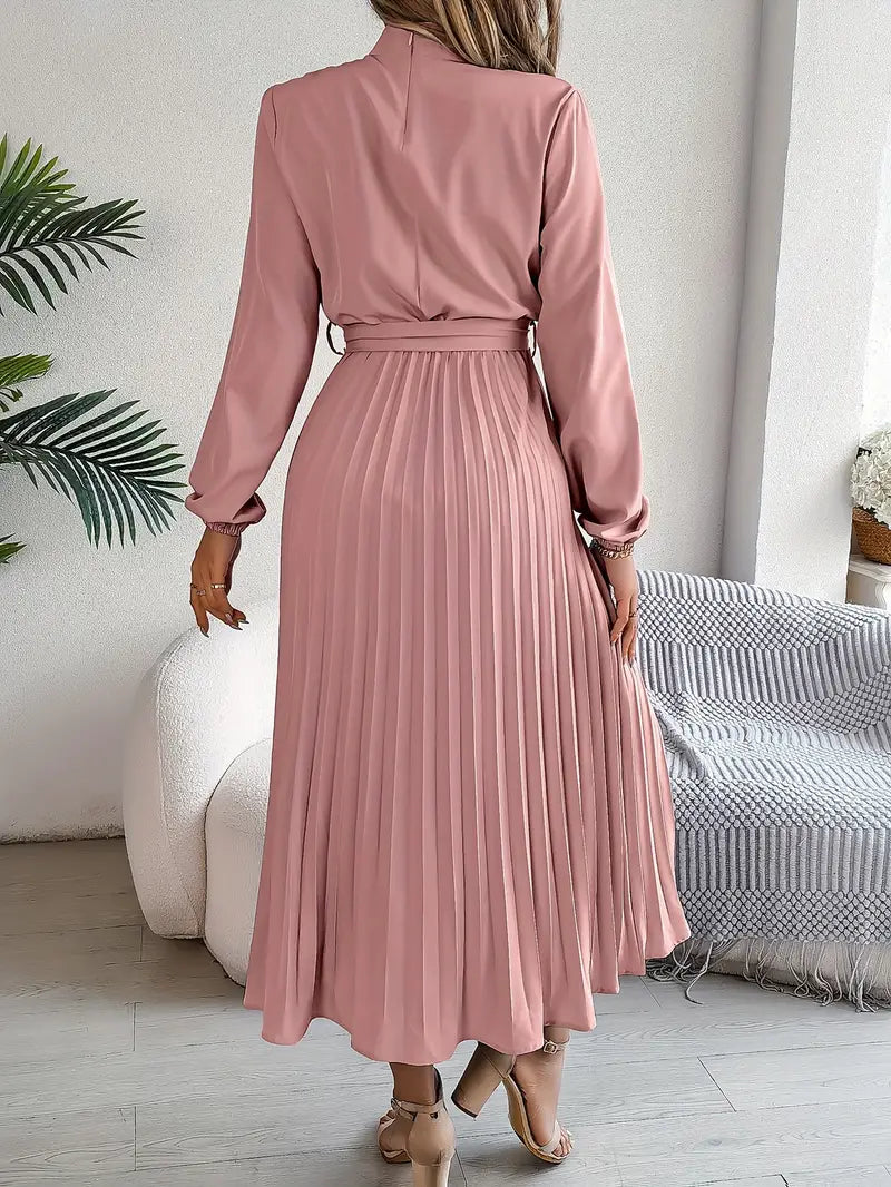 Celeste | Mock Neck Long Sleeve Belted Pleated Midi Wedding Guest Dress
