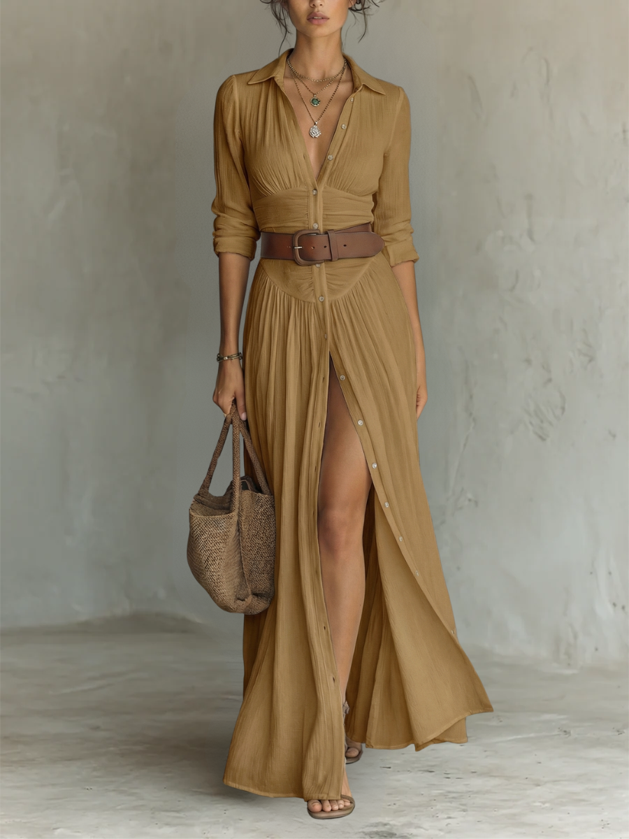 Hallie | Women's Long Sleeve Collared Button Down Boho Maxi Dress