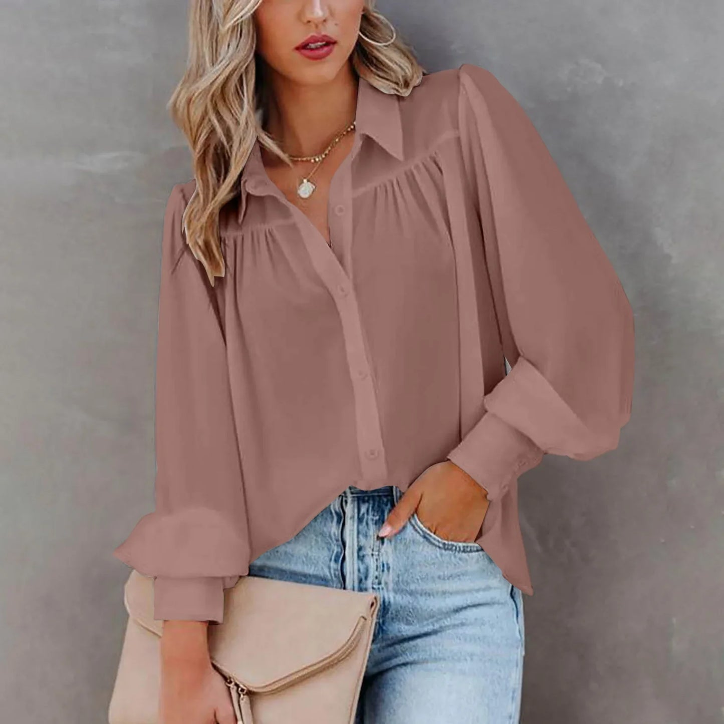 Monroe | Gathered Yoke Balloon Sleeve Lapel Collar Casual Elegant Blouse