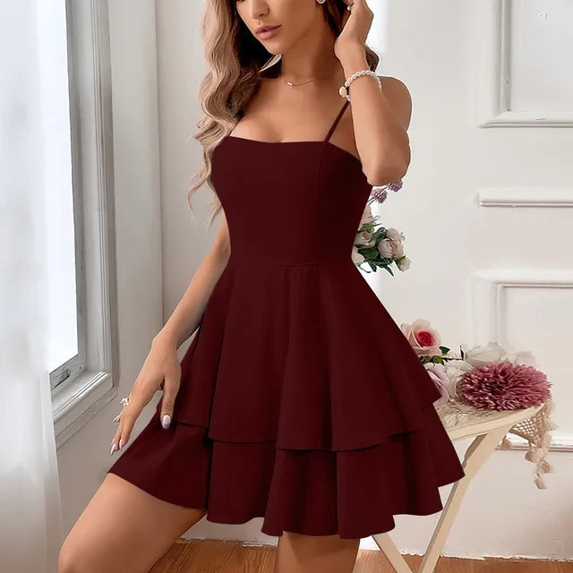 Juliette | Women's Tiered Spaghetti Strap Flared Cocktail Mini Dress