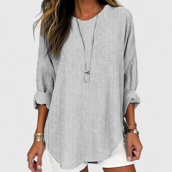 Cressida | Striped Long Sleeve Round Neck Casual Linen Blouse