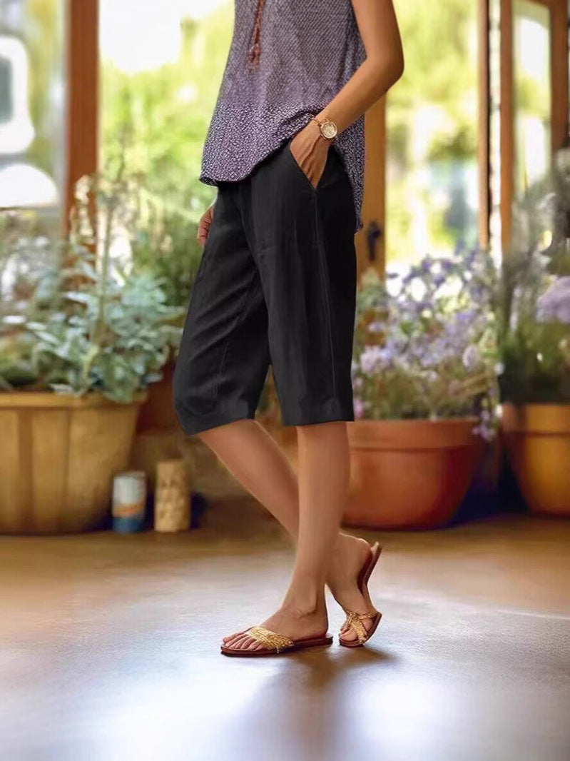 Alice | Elastic Waist Relaxed Straight Leg Knee Length Casual Pants
