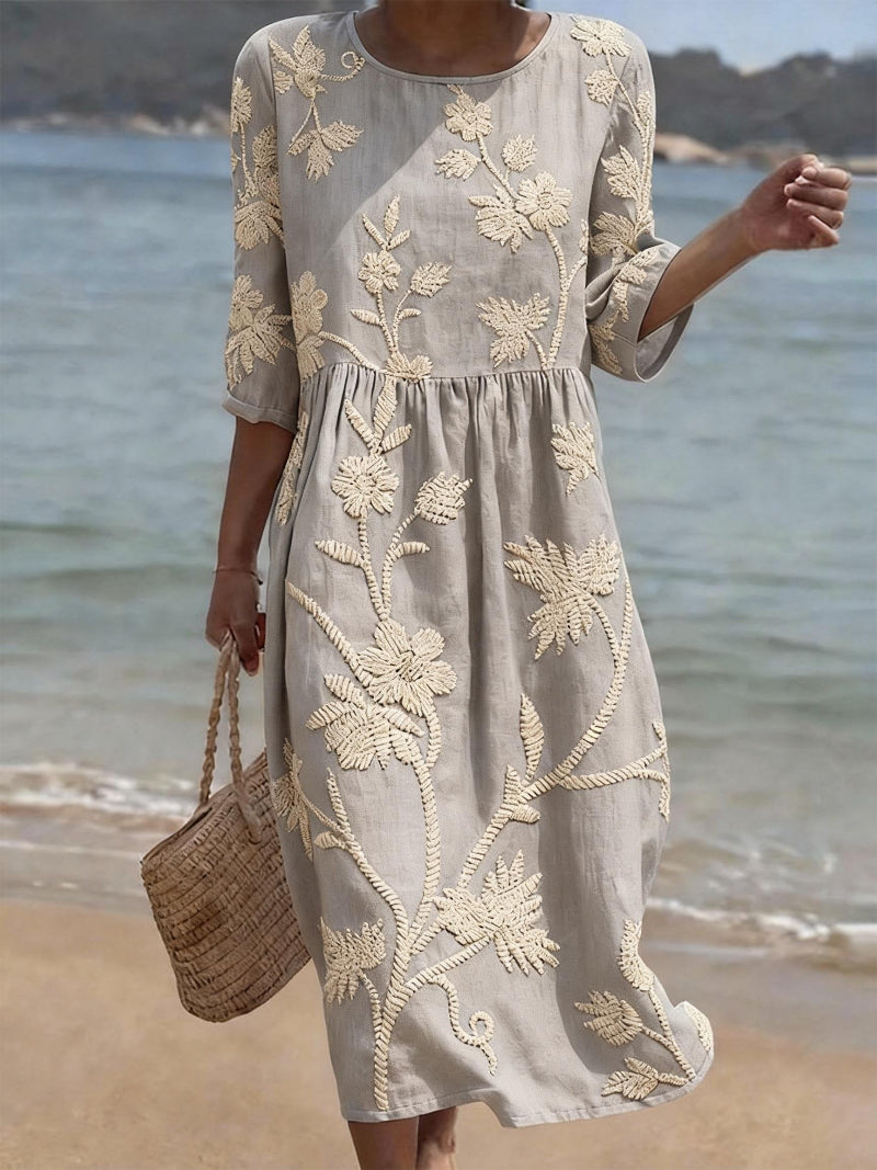 Saffron | Women's Floral Embroidered Cotton Linen Blend Casual Summer Midi Dress