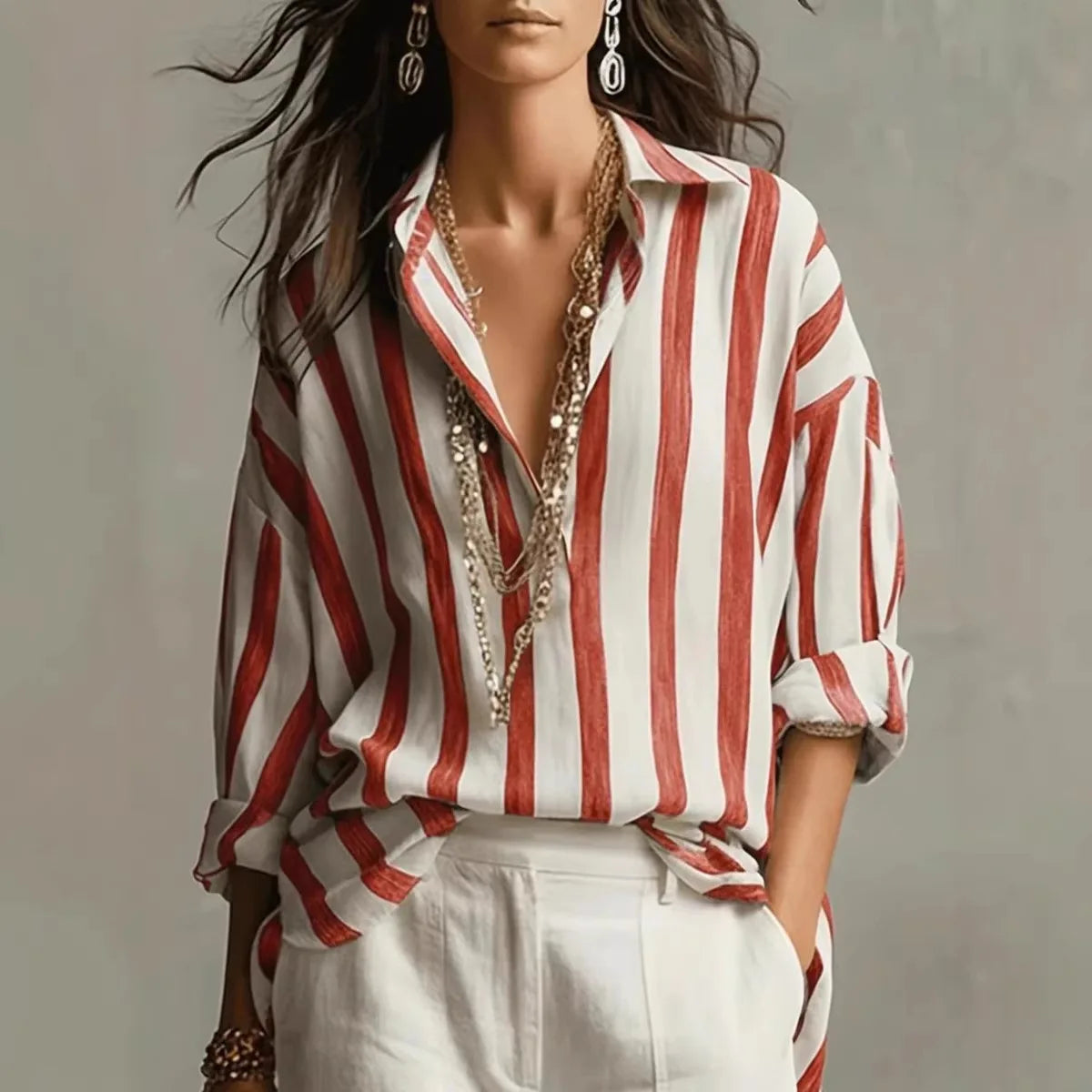 Amaris | Linen Blend Striped Lapel Collar Long Sleeve Oversized Blouse