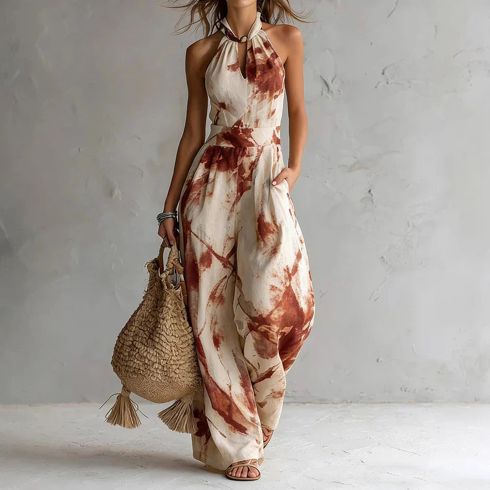 Aria | Women's Halter Neck Abstract Print Boho Wide Leg Jumpsuit