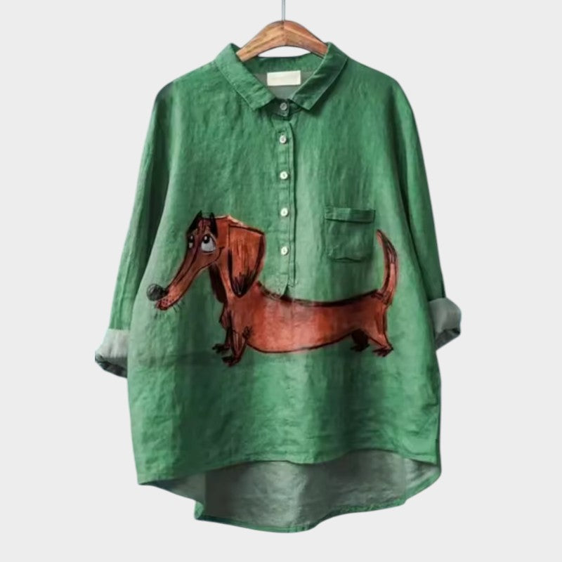 Milla | Dog Print Button Down Collared Long Sleeve Casual Blouse