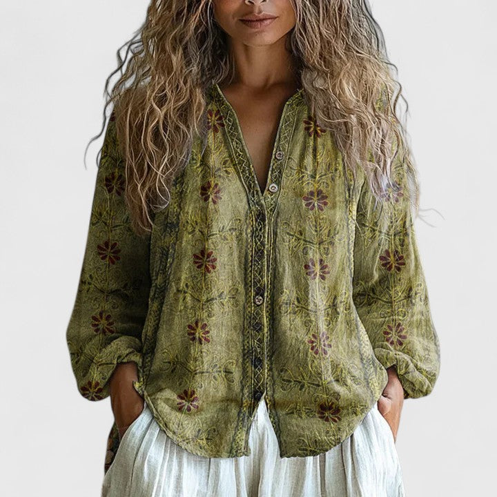Mykayla | V Neck Long Sleeve Contrast Trim Printed Boho Linen Blouse