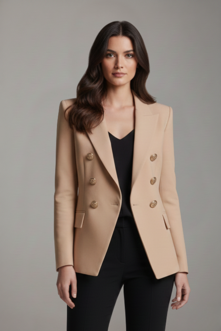 Rebecca | Double Breasted Gold Button Peaked Lapel Tailored Blazer