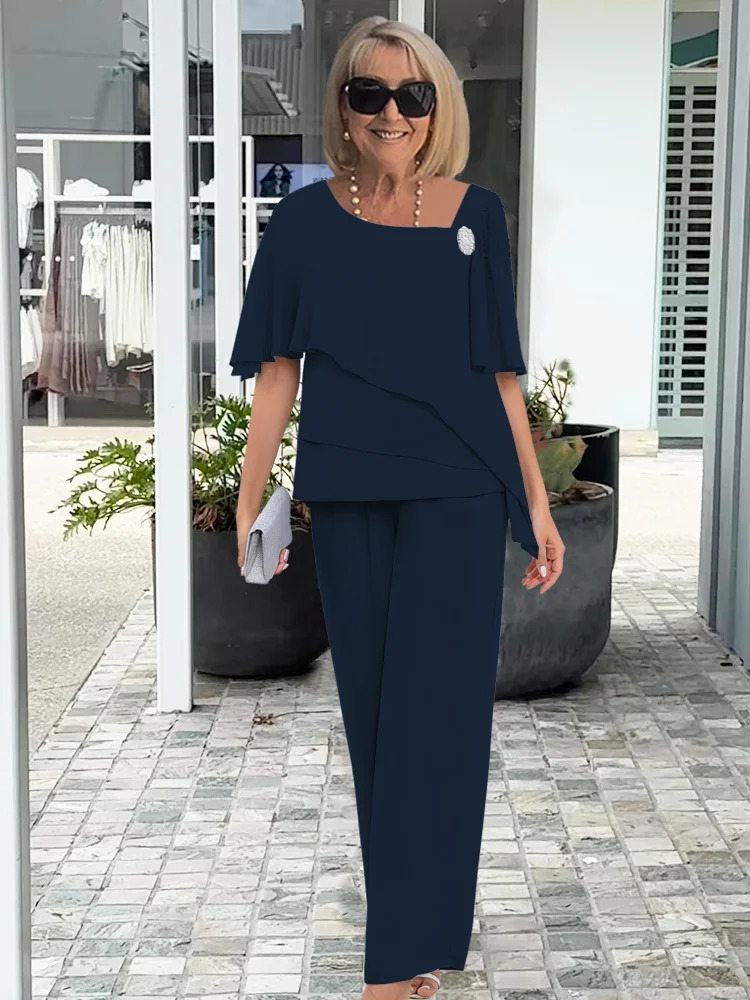 Elizabeth | Asymmetric Layered Chiffon Top Wide Leg Pants Elegant Two Piece Set