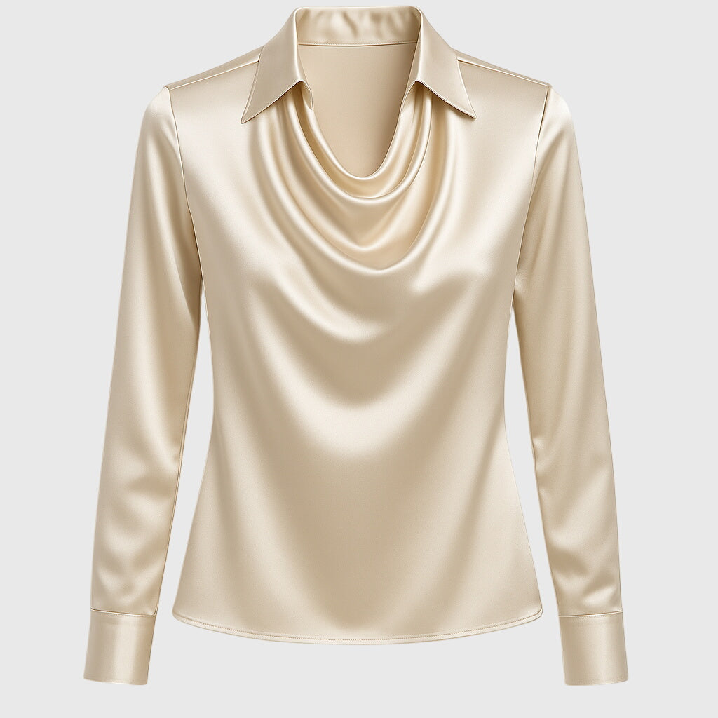 Brooklyn | Satin Draped Cowl Neck Collared Long Sleeve Blouse