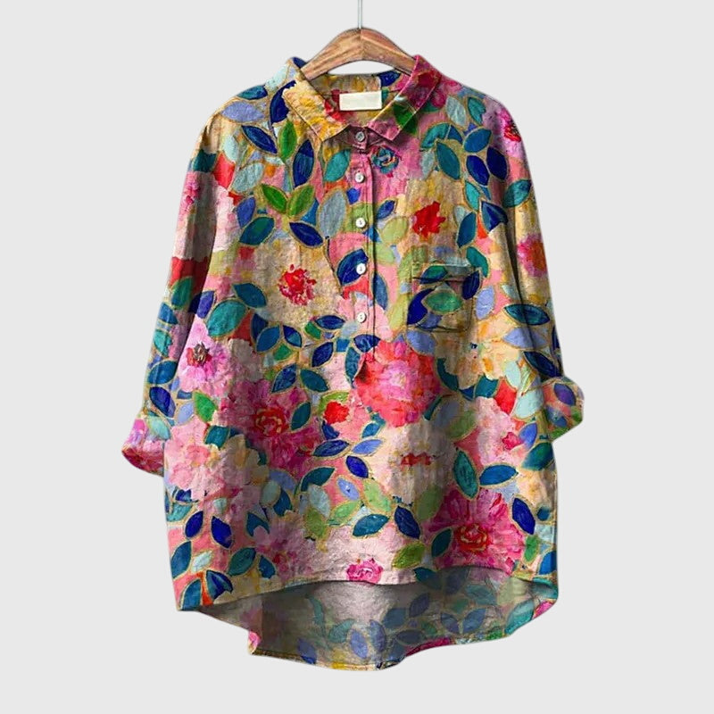 Elly | Watercolor Floral Oversized Long Sleeve Button Down Casual Blouse