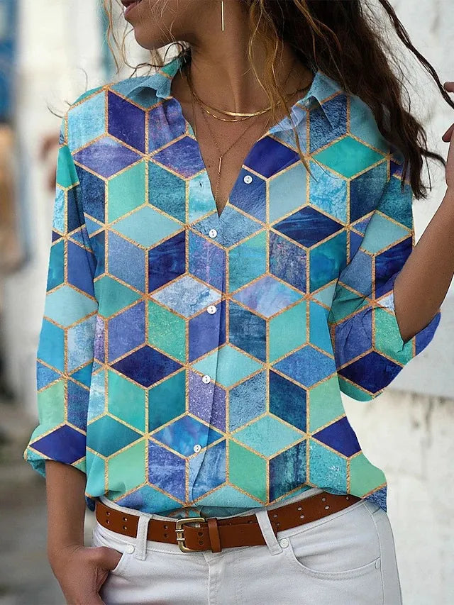 Keira | V Neck Geometric Cube Print Long Sleeve Button Down Blouse