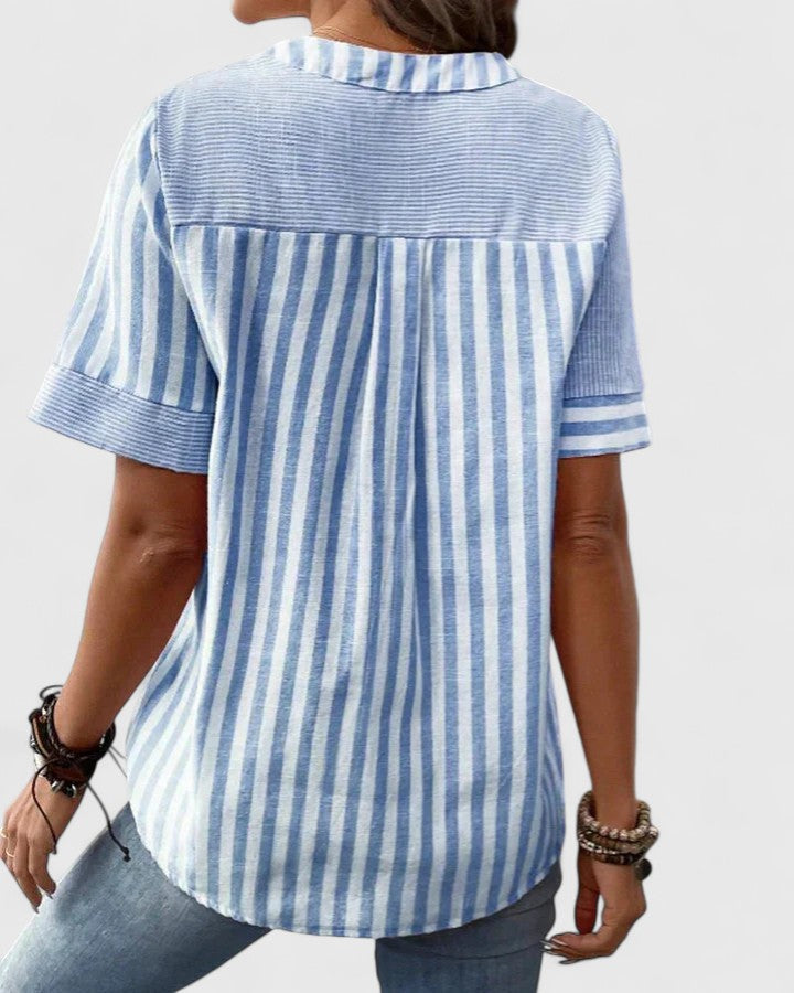 Gigi | Striped Colorblock Short Sleeve Stand Collar Casual Blouse
