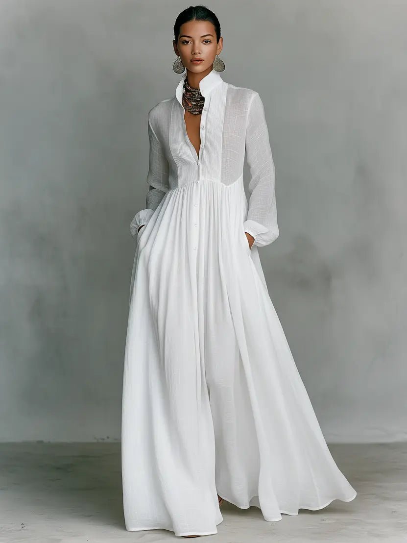 Evelyn | Stand Collar Button Front Long Sleeve Cotton Linen Blend Maxi Dress