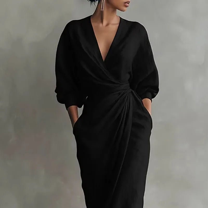 Isabella | Deep V Neck Twist Waist Long Sleeve Bodycon Maxi Dress
