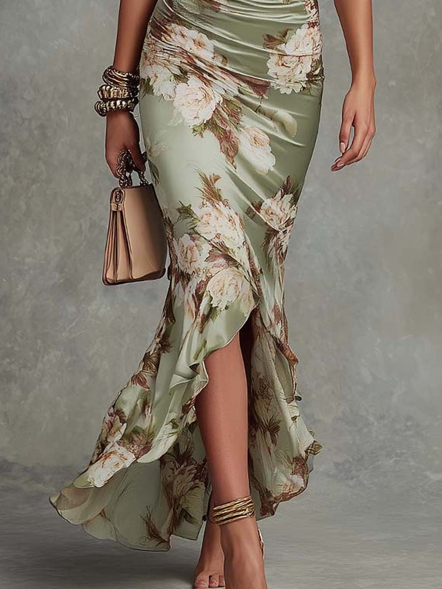 Minerva | Floral Print Deep V Neck Ruched Waist Flare Sleeve Elegant Maxi Dress