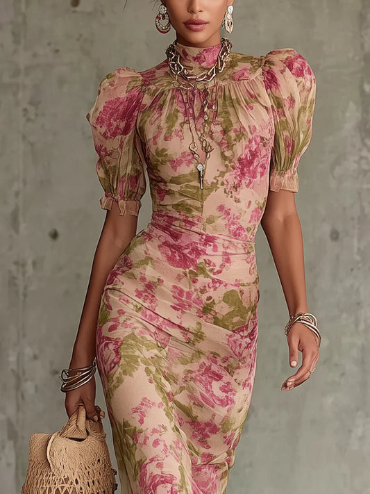 Rowan | Floral Print Mock Neck Puff Sleeve Ruched Ruffle Hem Elegant Maxi Dress