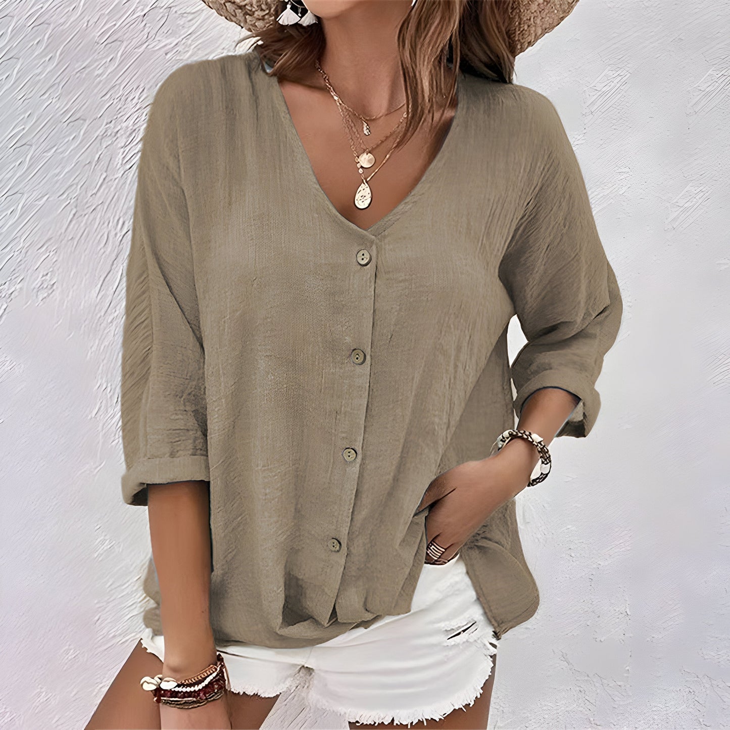 Marcia | V Neck Button Down 3/4 Sleeve Casual Blouse