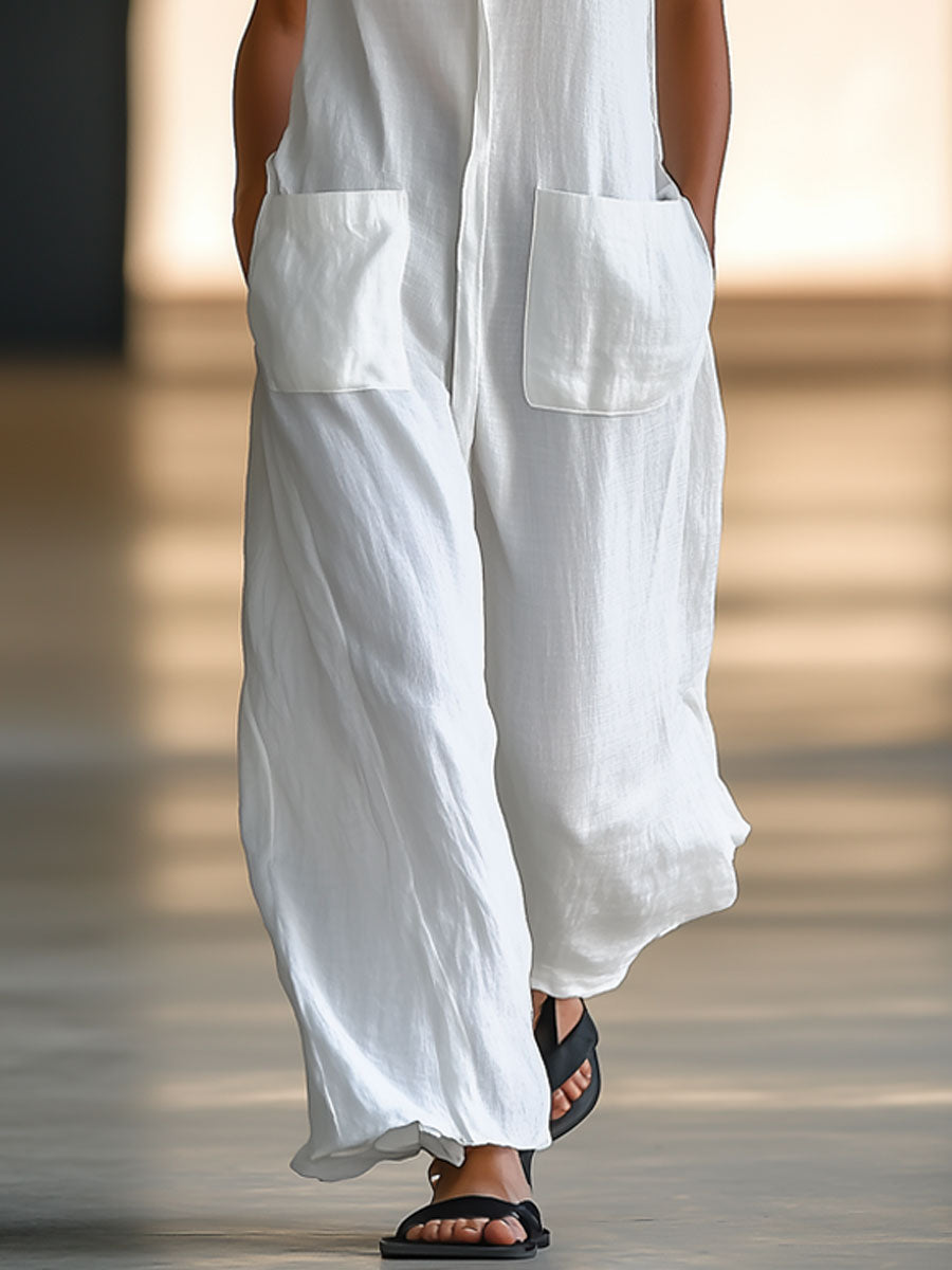 Tempest | Shirt Collar Sleeveless Patch Pocket Wide Leg Linen Blend Jumpsuit