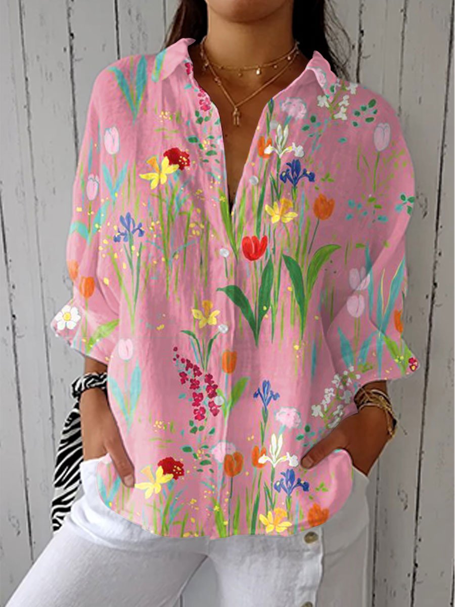 Luna | Button Down Floral Print Lapel Collar Long Sleeve Casual Blouse
