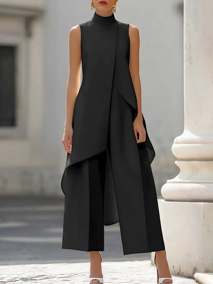 Danna | Women's Elegant High Neck Asymmetric Top Wide Leg Pant Set