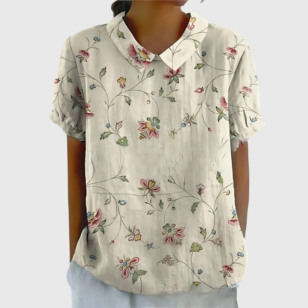 Jenna | Floral Print Collared Short Sleeve Casual Linen Blouse