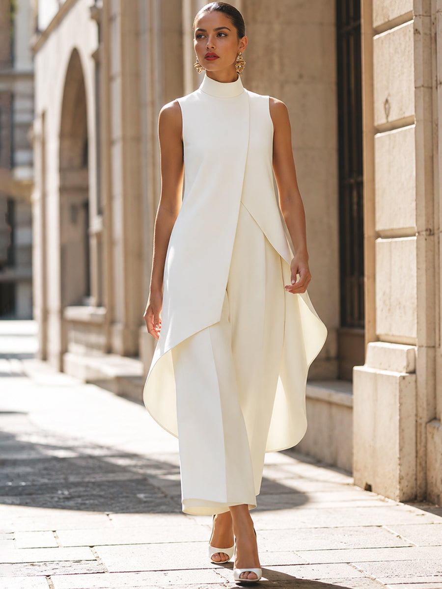 Danna | Women's Elegant High Neck Asymmetric Top Wide Leg Pant Set