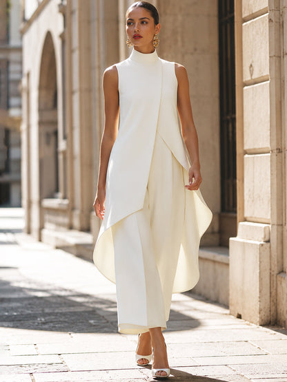 Danna | Women's Elegant High Neck Asymmetric Top Wide Leg Pant Set