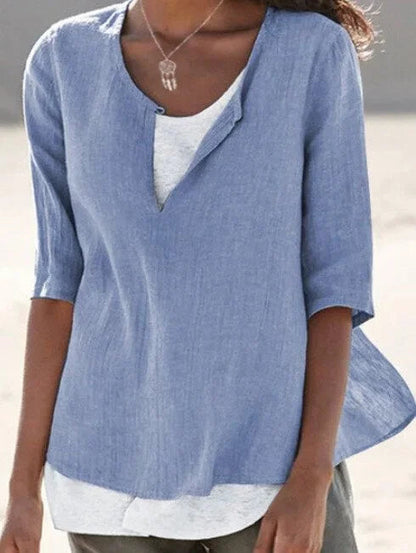 Maya | 3/4 Sleeve Split Neck Layered Hem Linen Blend Casual Top