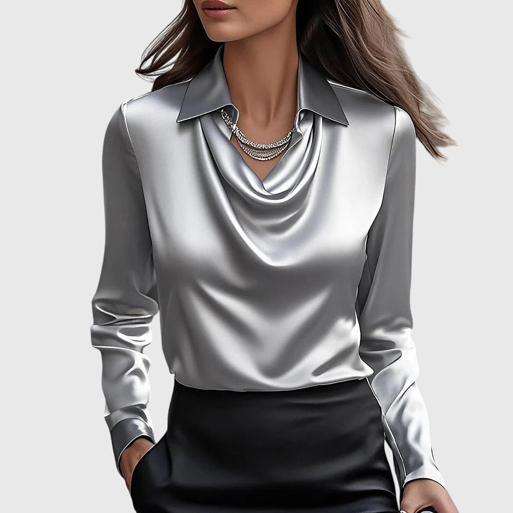 Brooklyn | Satin Draped Cowl Neck Collared Long Sleeve Blouse