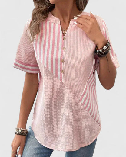 Gigi | Striped Colorblock Short Sleeve Stand Collar Casual Blouse
