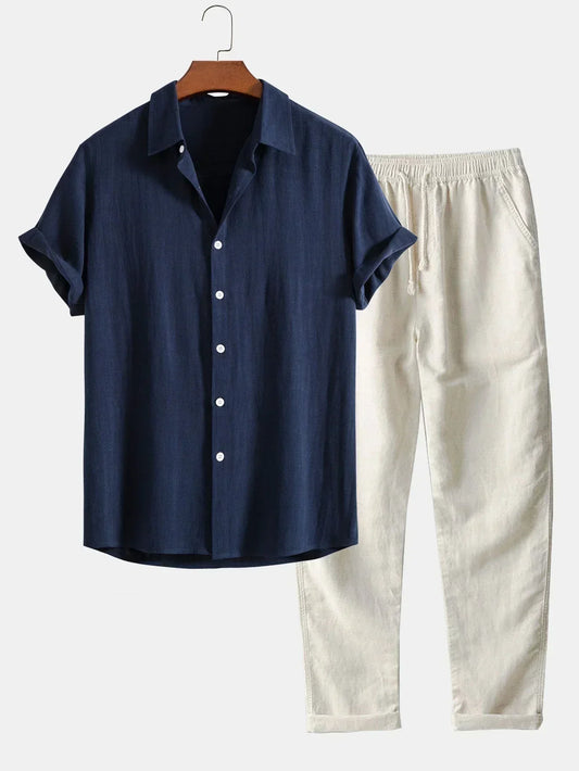 Steven | Men's Linen Short Sleeve Shirt Wide Leg Pants Two Piece Set