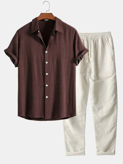 Steven | Men's Linen Short Sleeve Shirt Wide Leg Pants Two Piece Set