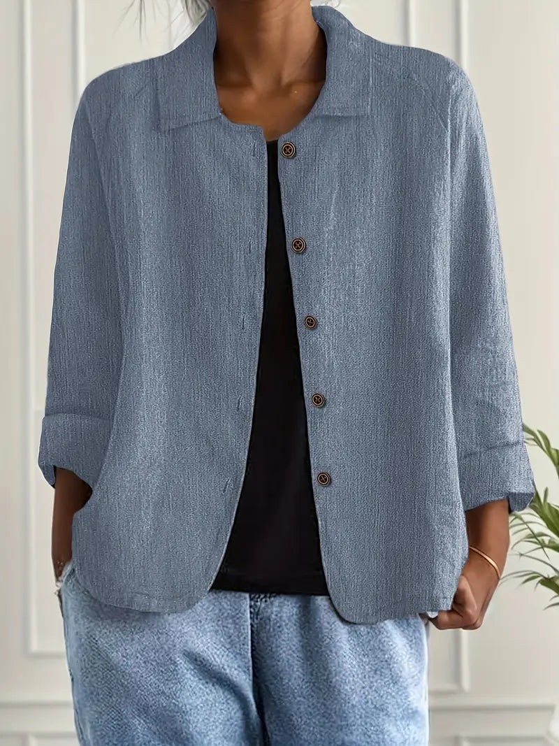 Reese | Lapel Collar Button Down 3/4 Sleeve Relaxed Casual Blouse