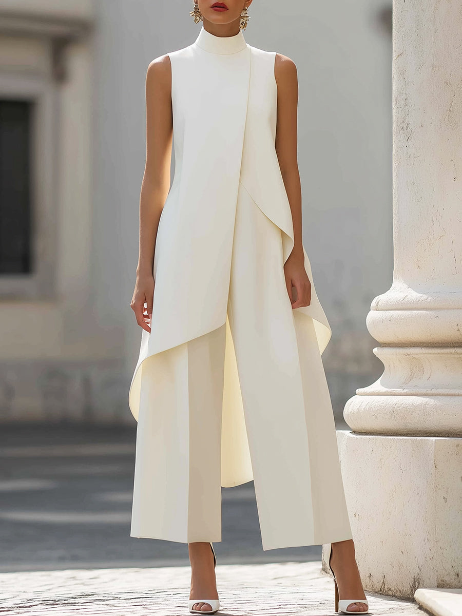 Danna | Women's Elegant High Neck Asymmetric Top Wide Leg Pant Set