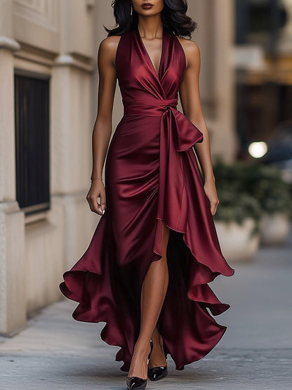 Callie | Women's Satin Halter Wrap Ruffle Hem Evening Maxi Dress