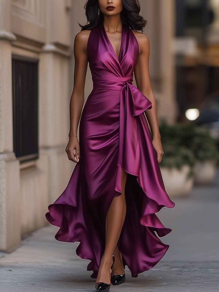Callie | Women's Satin Halter Wrap Ruffle Hem Evening Maxi Dress