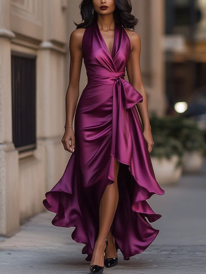 Callie | Women's Satin Halter Wrap Ruffle Hem Evening Maxi Dress