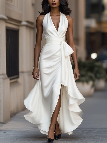 Callie | Women's Satin Halter Wrap Ruffle Hem Evening Maxi Dress