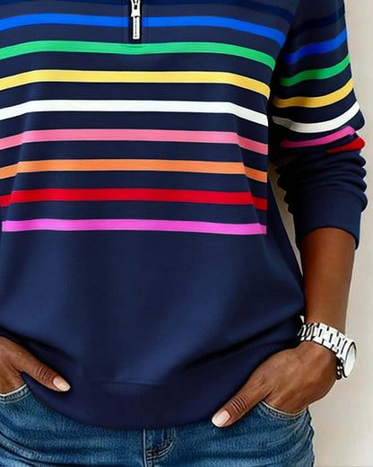 Remi | Multicolor Stripe Quarter Zip Stand Collar Casual Sweatshirt