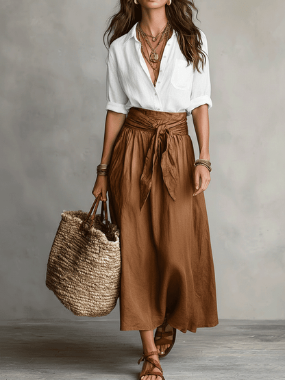 Sage | Women's Boho Button Down Blouse Tie Waist Maxi Skirt Set