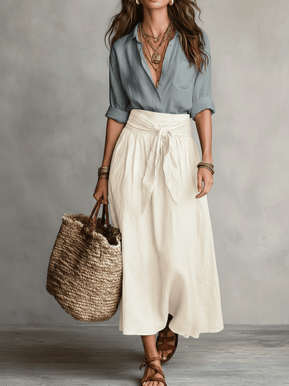 Sage | Women's Boho Button Down Blouse Tie Waist Maxi Skirt Set