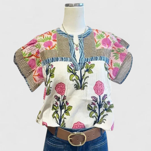 Elarion | Floral Print Puff Sleeve Notch Neck Casual Boho Blouse