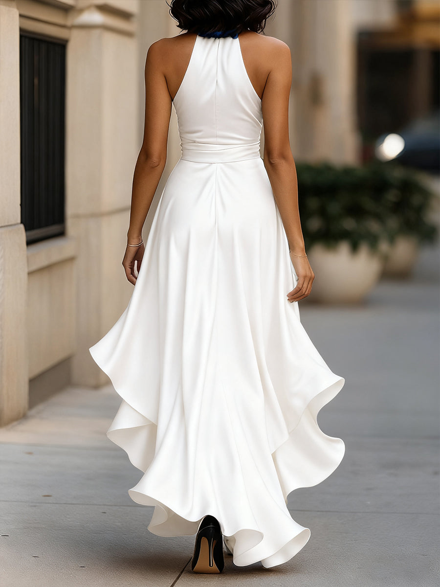 Callie | Women's Satin Halter Wrap Ruffle Hem Evening Maxi Dress